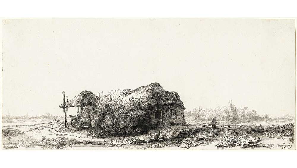 Rembrandt van Rijn (1606–1669). Landscape with Cottages and a Hay Barn: Oblong, 1641. Etching with touches of drypoint on paper, 14.5 x 32.4 cm. National Gallery of Ireland Collection. Photo: National Gallery of Ireland.