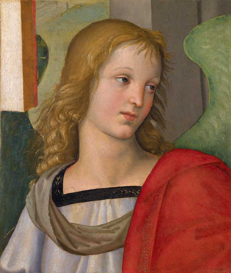 Raphael (Raffaello Sanzio or Santi), Angel in Bust-Length (Fragment from the Baronci Altarpiece), ca. 1500-1501. Oil with gold highlights on canvas (transferred from wood), 12 3/16 × 10 7/16 in (31 × 26.5 cm). Pinacoteca Tosio Martinengo e Fondazione Brescia Musei, Brescia.