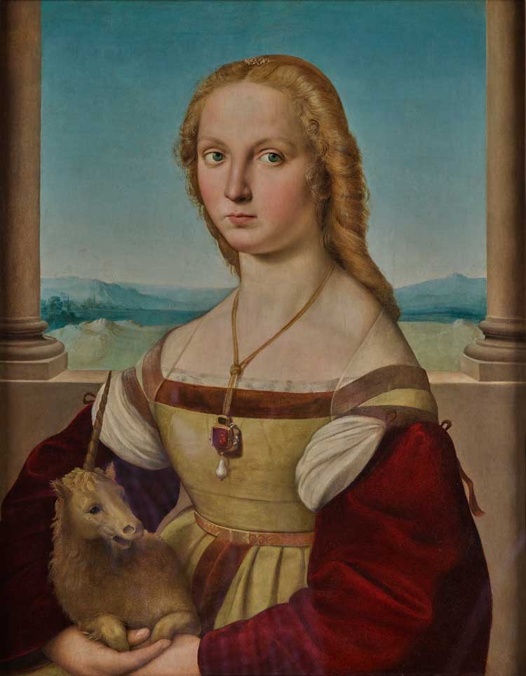 Raphael (Raffaello Sanzio or Santi), Portrait of a Young Woman with a Unicorn (Laura Orsini della Rovere?), 1505-1506. Oil on wood panel, transferred to canvas, glued to a wood support, 26 3/8 × 22 1/16 in (67 × 56 cm). Galleria Borghese, Rome.