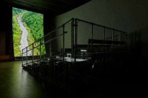 Lucy Raven, Murderers Bar, 2025. Installation view, The Curve, 9 October 2025 – 4 January 2026. © Jo Underhill, Barbican Art Gallery.
