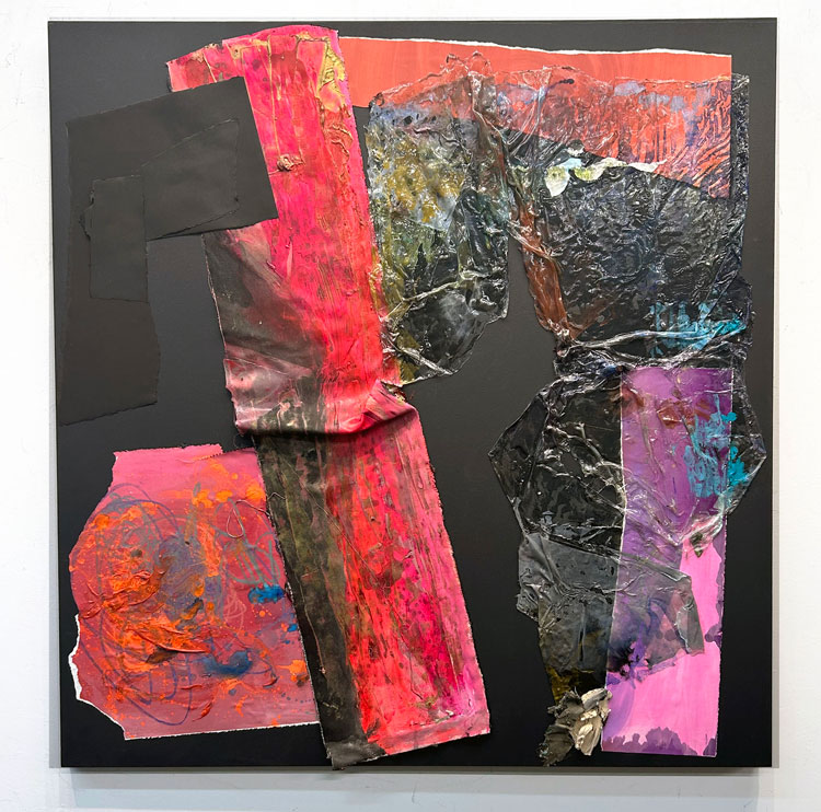 Susan Roth. Back to Black, 2024. Black gessoed canvas, acrylic, archival paper, canvas, acrylic skin and accretions, 142.5 x 145 cm. Photo copyright and courtesy of the artist.