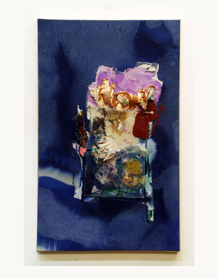 Susan Roth. Court of Solomon, 2010. Canvas, acrylic, boxtop accretion, 91.5 x 54.5 cm. Photo copyright and courtesy of the artist.