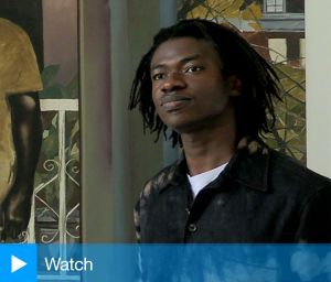 Eniwaye Oluwaseyi talking to Studio International at Rijksakademie Open Studios, Amsterdam. Photo: Martin Kennedy.