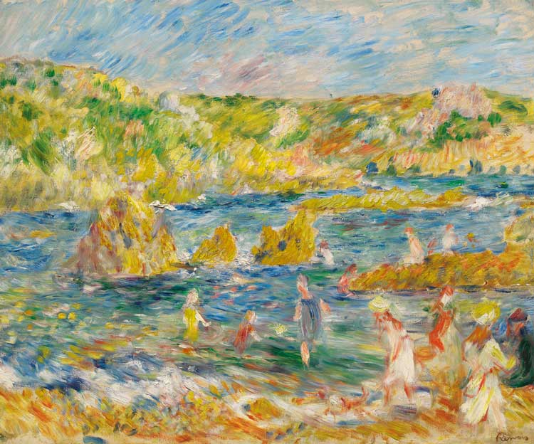 Pierre-Auguste Renoir. Rochers de Guernesey avec personnages (plage à Guernesey) (Rocks in Guernsey with Figures, Beach in Guernsey), 1883. Oil on canvas, 18 ½ x 22 in (46.2 x 55.8 cm.).