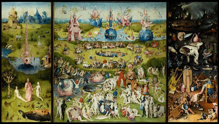 Hieronymus Bosch. The Garden of Earthly Delights, c1490–1510. Triptych, oil on oak panels, 205.5 x 384.9 cm (81 x 152 in). Museo del Prado, Madrid.