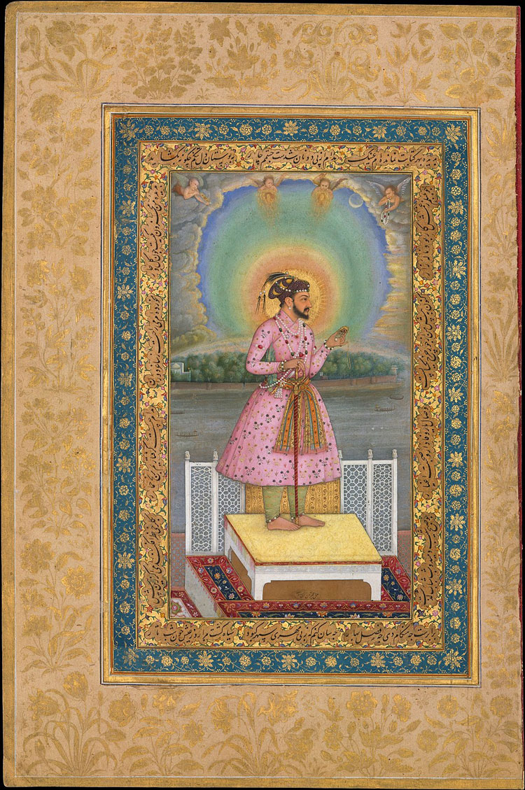 Shah Jahan on a Terrace, Holding a Pendant Set With His Portrait. Folio from the Shah Jahan Album. Ink, opaque watercolour, and gold on paper, 15 5/16 x 10 1/8 in (38.9 x 25.7 cm).