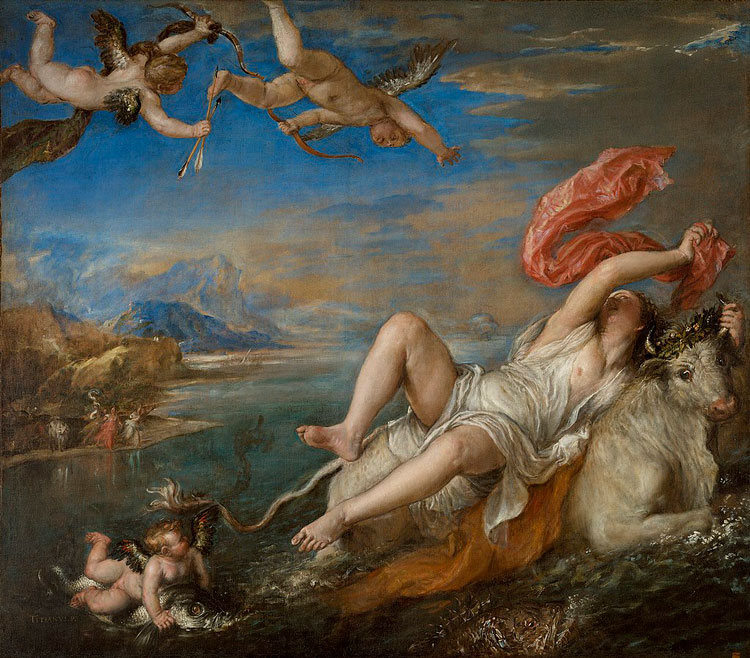 Titian. The Rape of Europa, 1560s, between 1559 and 1562. Oil on canvas. 185 x 205 cm (72.8 x 80.7 in). Isabella Stewart Gardner Museum, Boston.