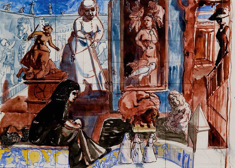 Paula Rego. Study for Crivelli’s Garden, 1990-91. Pen, ink and watercolour on paper, 29.5 × 42 cm. Courtesy Ostrich Arts Ltd and Victoria Miro. © Ostrich Arts Ltd.