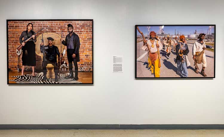 Dread Scott. Slave Rebellion Reenactment performance stills, 2020. Pigment print 2/2, 40 x 60 in. Installation view, Rising Sun: Artists in an Uncertain America, African American Museum in Philadelphia. Photo: Constance Mensh for African American Museum in Philadelphia.