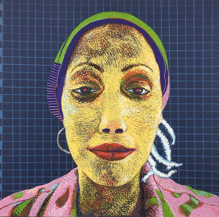 Renée Stout. Hoodoo Assassin #13 (the Chameleon), 2021. Acrylic and ballpoint pen on paper, 8 x 8 in. Courtesy of the artist.