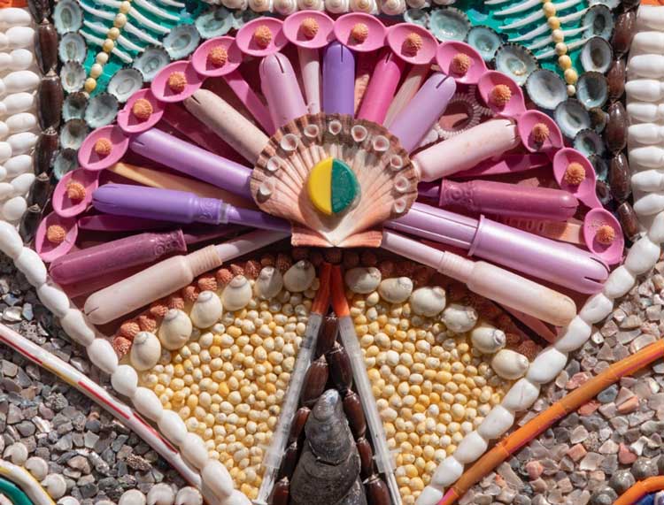 Duke Riley. I’m Delicious, Come on Get Your Money’s Worth, 2020 (detail). Found plastic trash includes dental picks, tampon applicators, syringes. Photo: Danny Perez.