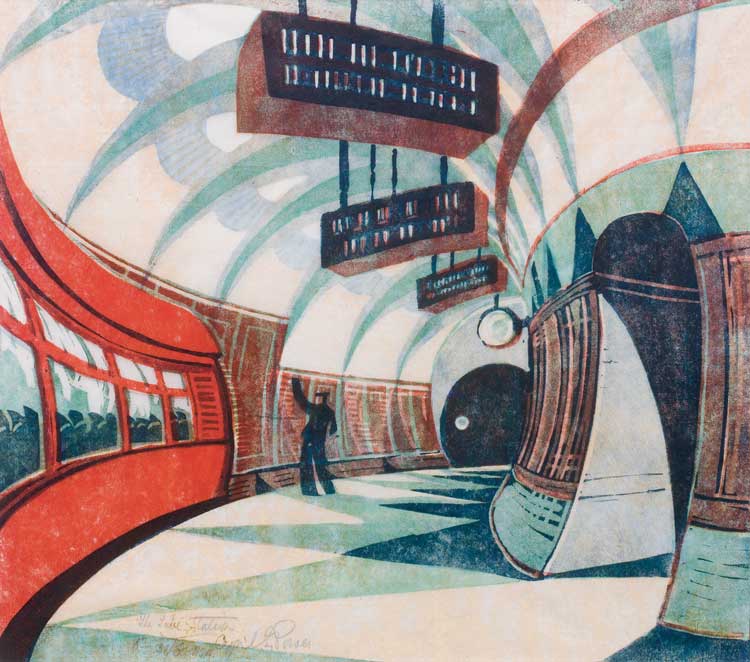 Cyril Power. The Tube Station, c1932. Linocut. Courtesy Osborne Samuel Gallery, London. The Real and the Romantic: English Art Between Two World Wars, page 80b.