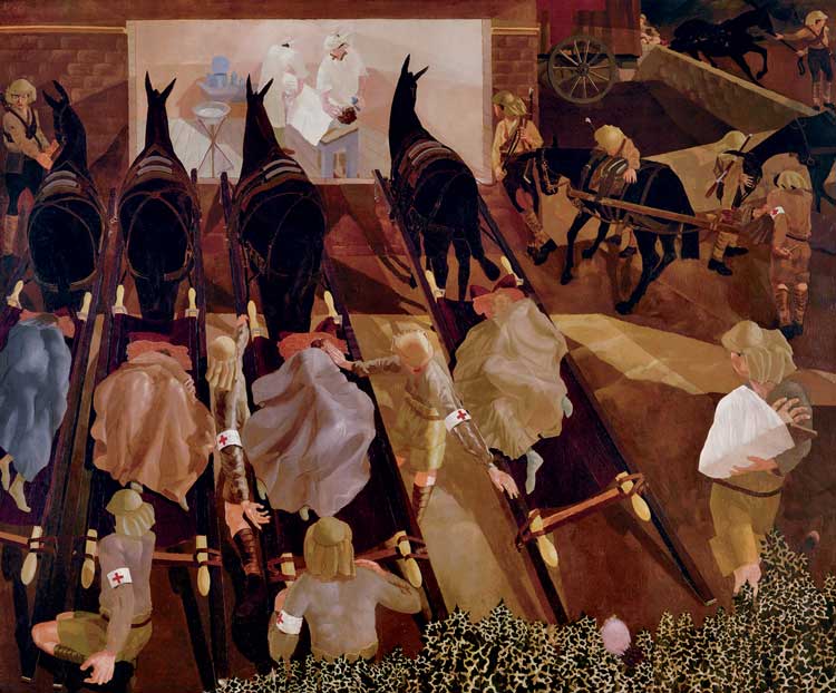 Stanley Spencer. Travoys Arriving with Wounded at a Dressing-Station at Smol, Macedonia, September 1916. Oil on canvas, 1919. © Imperial War Museum. The Real and the Romantic: English Art Between Two World Wars, page 181.