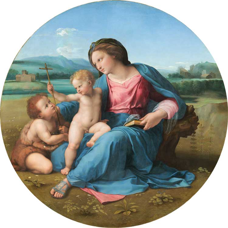 Raphael, The Virgin and Child with the Infant Saint John the Baptist (The Alba Madonna), about 1509–11. Oil on wood transferred to canvas, 94.5 cm diameter. National Gallery of Art, Washington, DC, Andrew W. Mellon Collection (1937.1.24). Courtesy National Gallery of Art, Washington.