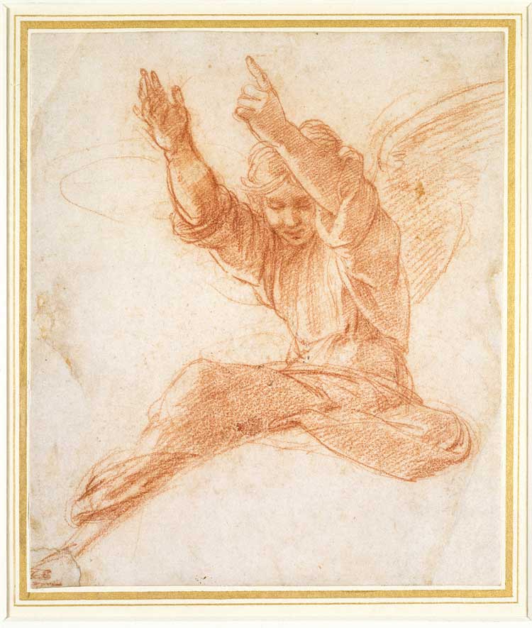 Raphael, An Angel. Pen and brown ink over geometrical indications in blind stylus, 17.9 x 20.6 cm. The Ashmolean Museum, University of Oxford. © Ashmolean Museum, University of Oxford.