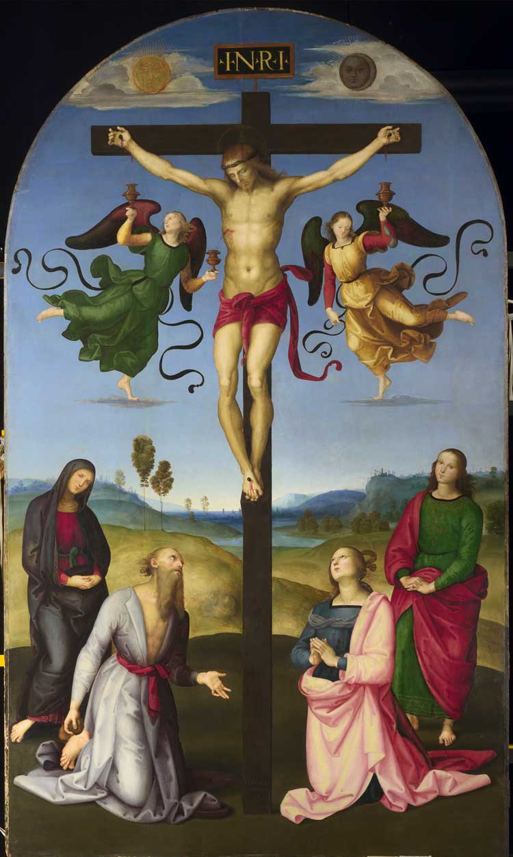 Raphael, The Crucified Christ with the Virgin Mary, Saints and Angels (The Mond Crucifixion), about 1502-3. Oil on poplar, 283.3 x 167.3 cm. © The National Gallery, London.