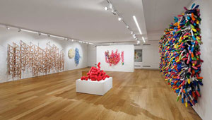 This joyous explosion of colour, pattern and entangled loops of fabric leaps off the white walls of the gallery, banishing all thoughts of doom and gloom, and embodying the power and energy of art as a healing form