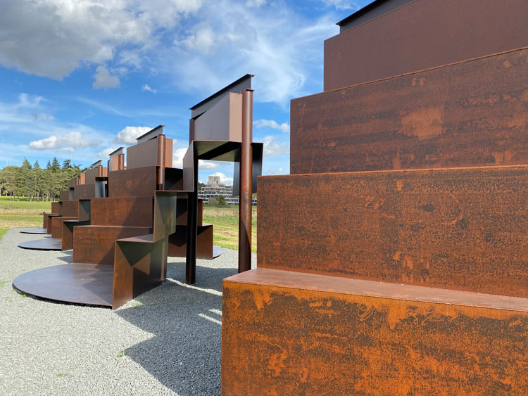 Anthony Caro. Goodwood Steps, 1996. Installation view, Sainsbury Centre, University of East Anglia, Norwich, 2021. Photo: Martin Kennedy.