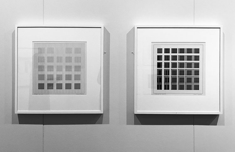 Dominic Boreham. Left: Stos 8/1, 26.V.78 (solid transparent overlay study), 1978. Ink on paper (computer generated drawing), 40 x w 39.5 cm. Right: IM 36(2) P0.5, 16.VIII.78 (interference matrix), 1978. Ink on paper (computer generated drawing), 38.5 x w 38.5 cm. Photo: Martin Kennedy.