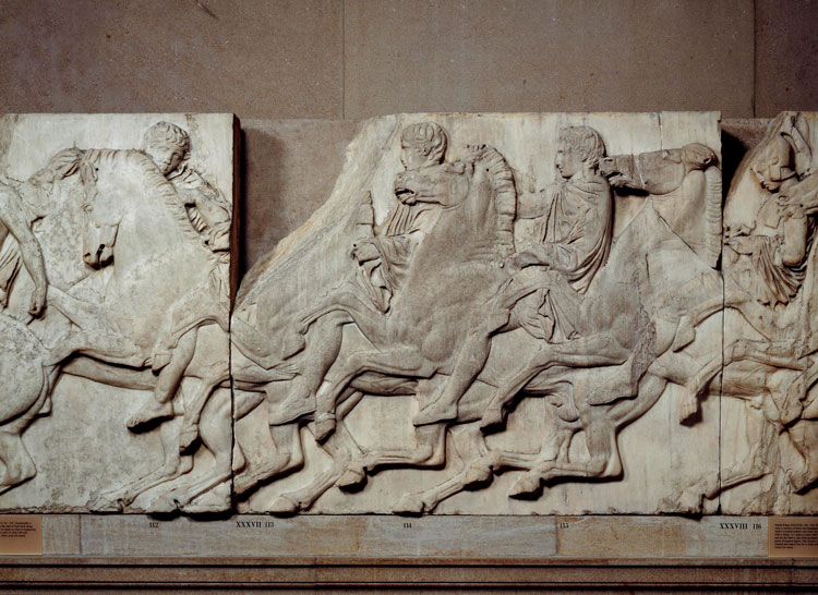 Marble relief, Slab XXXVII from the North Frieze of the Parthenon: procession of horse-drawn chariots. © The Trustees of the British Museum. Image licensed under Creative Commons Attribution-NonCommercial-ShareAlike 4.0 International (CC BY-NC-SA 4.0).