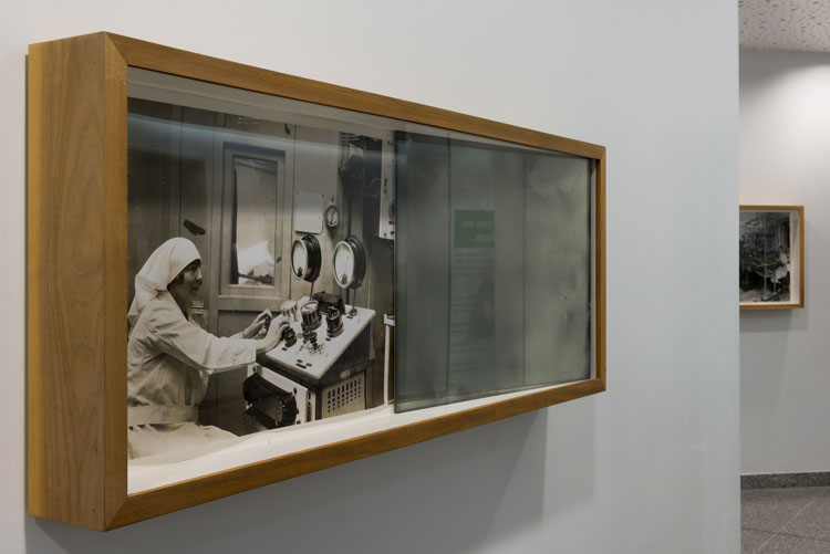 Richard Wentworth, The Light of Day, 2011. Digital prints, antiqued mirror, walnut boxes and nails. Barts Hospital. Photo: Owen Richards.