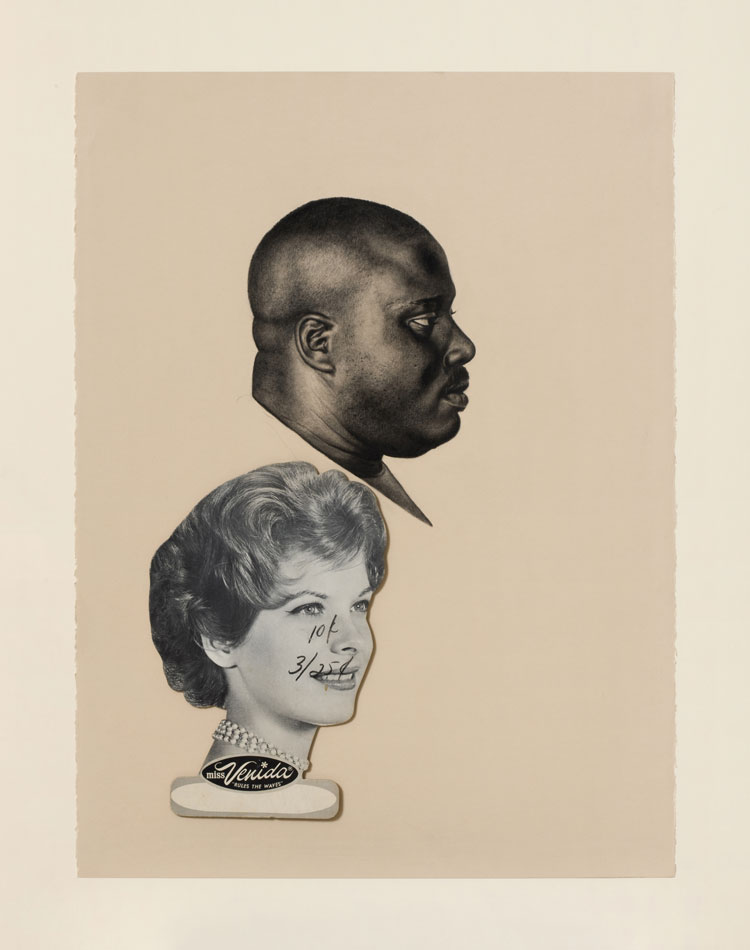 Whitfield Lovell. Kin XLVII (Rimshot). Conte on paper, cardboard display advertisement, 76.2 x 57.2 cm. Courtesy of the artist.