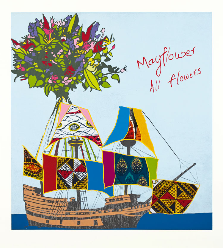Yinka Shonibare. Mayflower, All Flowers. Relief print with woodblock and fabric collage on somerset tub sized satin 410gsm paper, 111.5 x 103 cm. Courtesy the artist and Cristea Roberts Gallery, London © Yinka Shonibare.