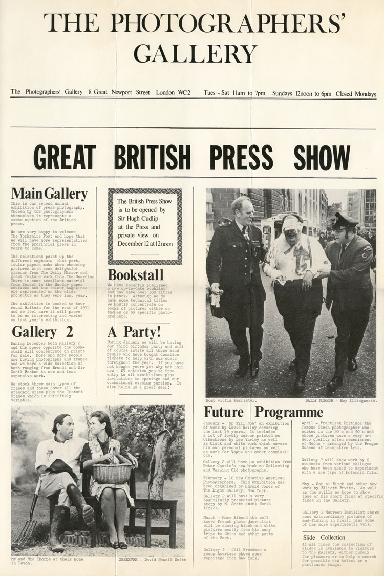 Exhibition Poster/Pamphlet, Great British Press Show, held at The Photographers’ Gallery, 05 – 29 December 1972. Courtesy of The Photographers’ Gallery Archive, London.