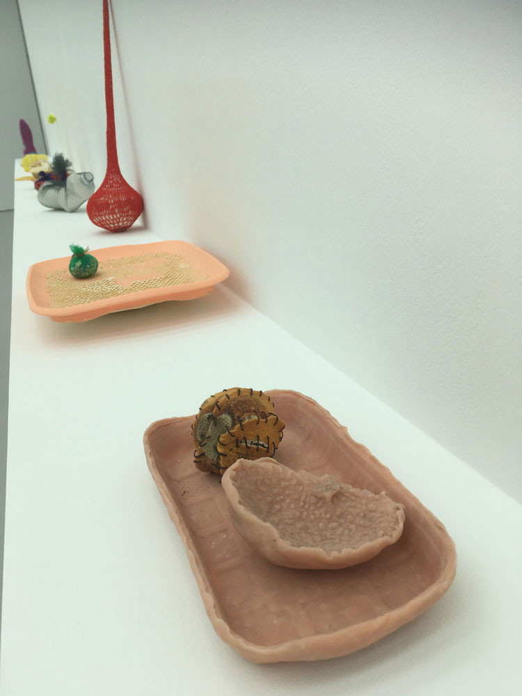 Veronica Ryan. Multiple Conversations, 2019-21. Clay, seeds, pillow case, medical pillow, tape, elastic, coral, volcanic ash, doily, cocoa pod, other materials. Dimensions variable (28 individual pieces
on shelf and on wall, shelf 129.9 x 30.8 x 12 cm).