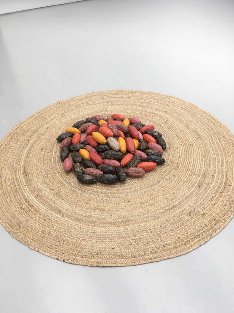 Veronica Ryan. Cocoa Passion in Tandem, 2020. Ceramic stoneware, pigment, volcanic ash, jute rug. Variable height x 180 cm.