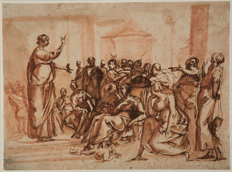 Attributed to Flaminio Allegrini (1587-1683) or Francesco Allegrini (1615/20 - after 1679). St Catherine and the Philosophers. Ink and wash, 25.4 x 34.4 cm. University of Reading Art Collection, UAC/10540. Photo: Laura Bennetto.