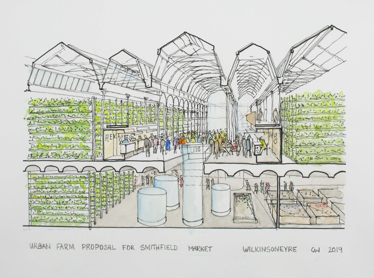 Chris Wilkinson, Urban Farm Proposal for Smithfield Market. Watercolour and graphite, 60 x 85 cm. © Wilkinson Eyre. Photo: Ben Bisek.