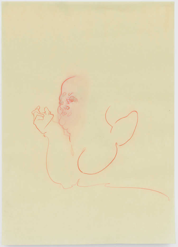Cat Roissetter, Feast, 2020. Colour pencil, graphite, crayon, on olive oil primed paper, 90 X 64 cm. © the artist.