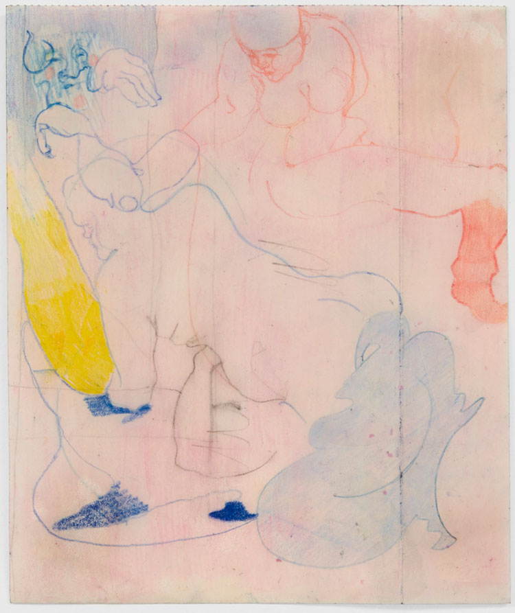 Cat Roissetter, Slow Poke, 2020. Colour pencil, graphite, crayon, on olive oil primed paper, 19.5 x 16.5 cm. © the artist.