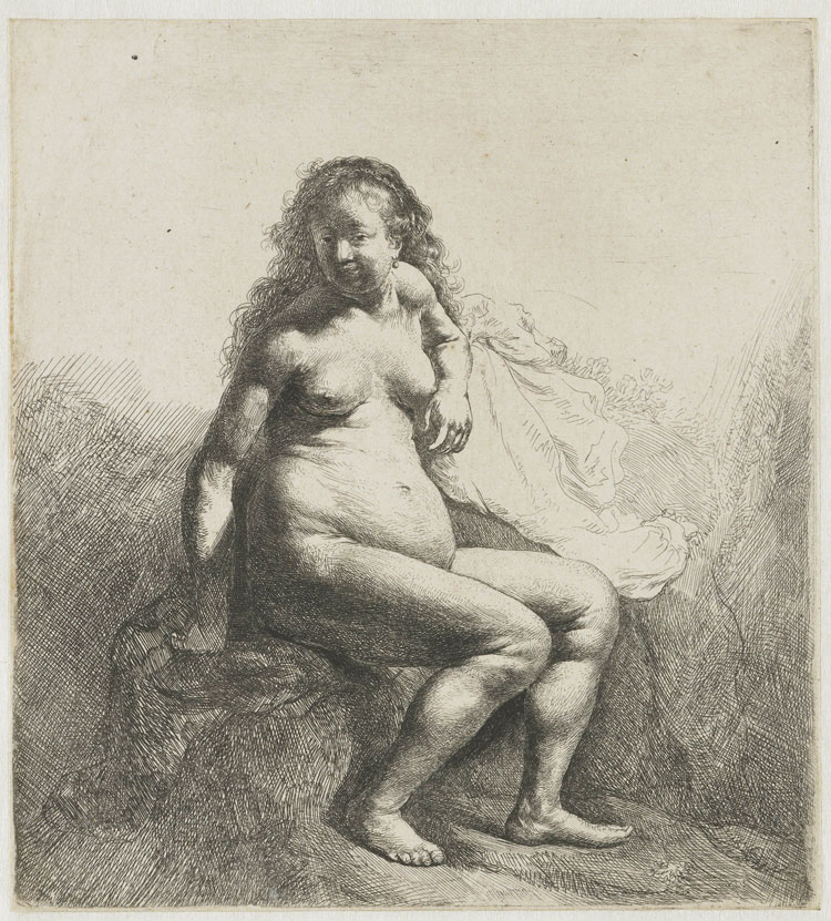 Rembrandt van Rijn (1606–69). Nude woman seated on a mound, c1631. Etching on laid paper, 17.7 x 16 cm. Rijksmuseum, Amsterdam.