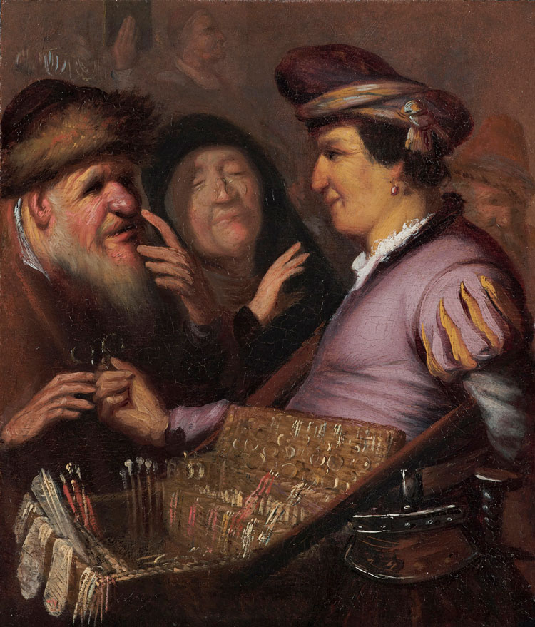 Rembrandt van Rijn (1606–69). The Spectacles Seller (Allegory of Sight), c1624. Oil on panel, 21 x 17.8 cm. Museum de Lakenhal, Leiden.