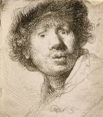 Rembrandt van Rijn (1606–69). Self-portrait in a cap, wide-eyed and open-mouthed, 1630. Etching and drypoint on laid paper, 5.2 x 4.7 cm. Ashmolean Museum, University of Oxford.