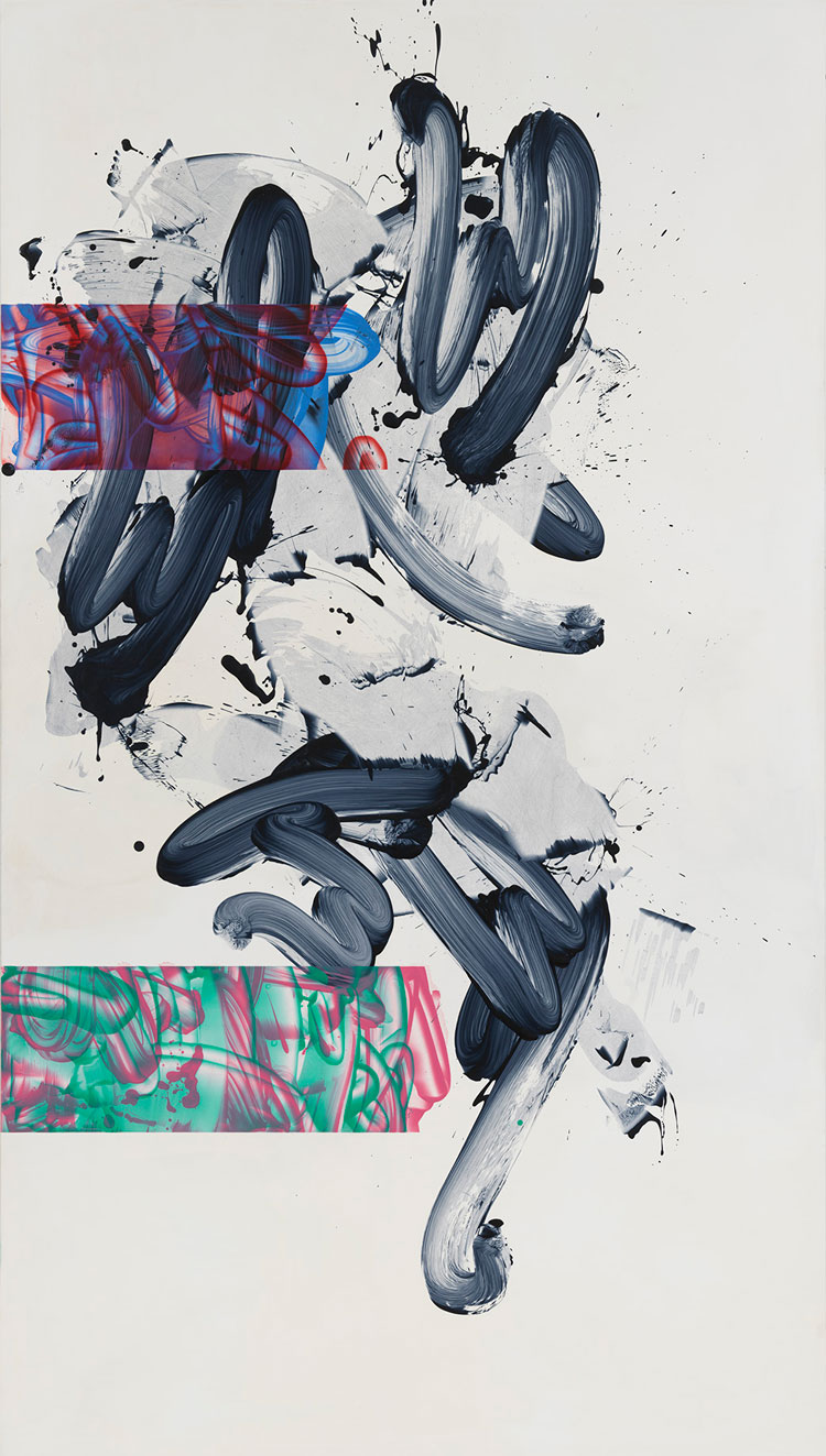 David Reed. #712, 2010–11/2018–19. Acrylic, oil, and alkyd on polyester, 96 x 54 in (243.8 x 137.2 cm). © 2020 David Reed/Artists Rights Society (ARS), New York. Photo: Rob McKeever. Courtesy Gagosian.