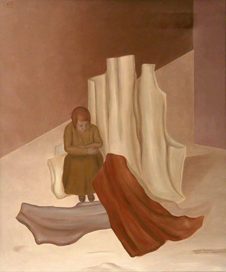 Albert Reuss. Woman Seated among Sculptured Forms, originally: Symphony, 1970. Oil on canvas, 91.4 x 76.2 cm. Collection of Newlyn Art Gallery.