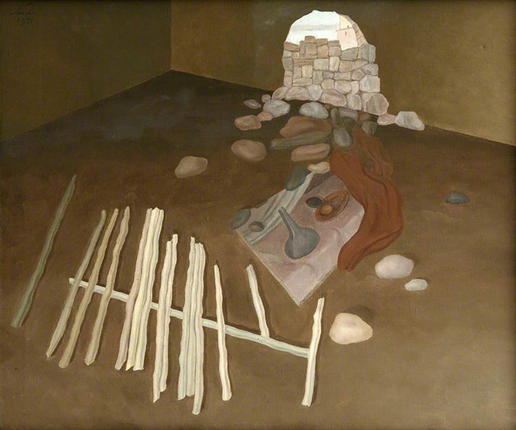 Albert Reuss. Interior II (Stones and Wood), 1971 or 1972. Oil on canvas, 63.5 x 76.2 cm. Collection of Newlyn Art Gallery.