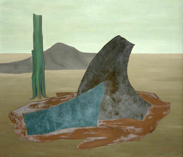 Albert Reuss. Green Tree Trunk and Shark Fin Shapes, originally: Still Life in a Landscape, c1963. Oil on canvas, 67.3 x 78.7 cm. Collection of Newlyn Art Gallery.