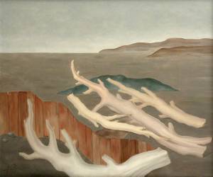 Albert Reuss. Fence with Stripped Tree Trunks, originally: Fence and Branches, 1971. Oil on canvas, 63.5 x 76.2 cm. Collection of Newlyn Art Gallery.