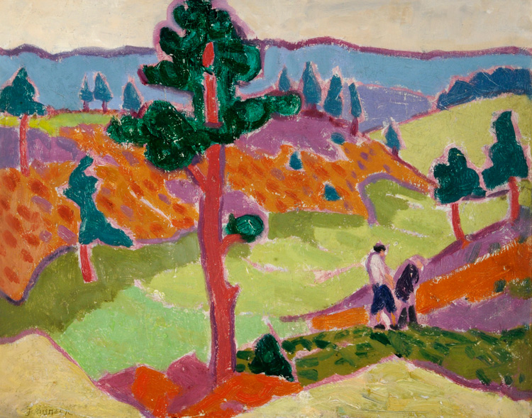 Jessica Dismorr. Landscape with Figures, c1911-12. Oil on panel, 48.3 x 56.8 cm. Courtesy Graves Gallery, Sheffield.