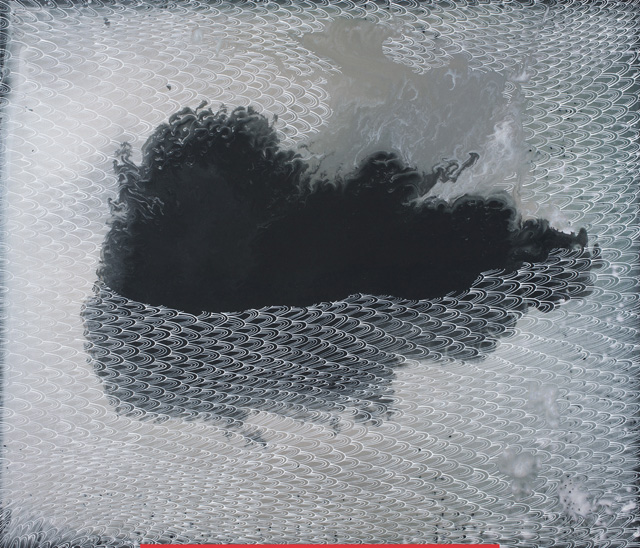 Barbara Takenaga. Black Shape / Red Line. Acrylic on linen, 36 x 42 in. Image courtesy Robischon Gallery.