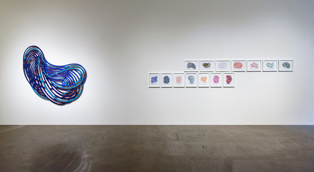 Linda Fleming: Allusion, installation view, Robischon Gallery 2019. Left to right: Swoop powder-coated steel 64 x 69 x 2 in; Gouache wall drawings. Image courtesy Robischon Gallery.