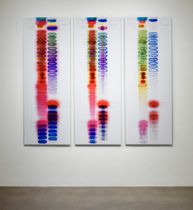 Jaq Chartier. Suntest #3 (Day 1, 12, 35). Dye sublimation on aluminium, 70 x 82 in. Installation view, SunTests, Robischon Gallery 2019. Image courtesy Robischon Gallery.