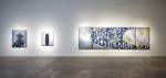 Barbara Takenaga: Manifold, installation view, Robischon Gallery 2019. Left to right: Shadow Love, acrylic on linen, 54 x 45 in; Hello, acrylic on linen, 42 x 36 in; Manifold 5, acrylic on linen, 70 x 225 in. Image courtesy Robischon Gallery.