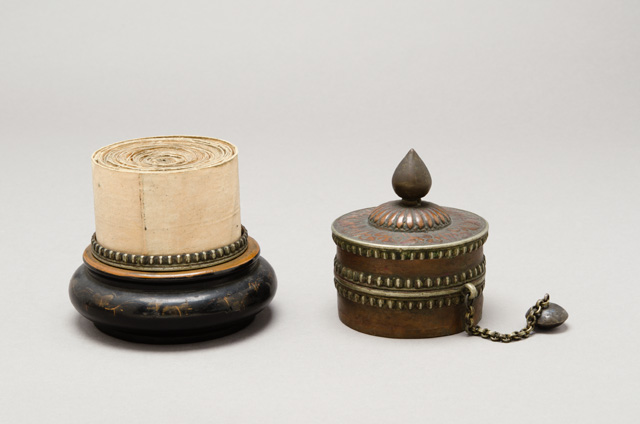 Prayer wheel, Tibet, 19th century. Copper, paper and wood; 5 x 4 1/8 in (12.7 x 10.5 cm). Philadelphia Museum of Art; gift of Mrs. Margaret Outerbridge in memory of her husband.