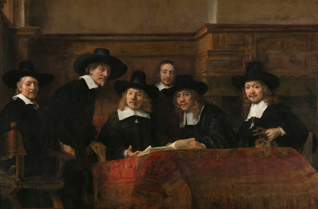 Rembrandt van Rijn, The Wardens of the Amsterdam Drapers’ Guild, Known as The Syndics, 1662. On loan from the City of Amsterdam
