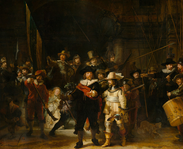 Rembrandt van Rijn, Militia Company of District II under the Command of Captain Frans Banninck Cocq, Known as the Night Watch, 1642. On loan from the City of Amsterdam.